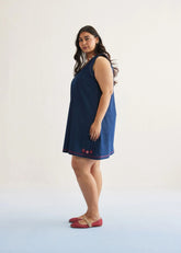 A Model Wearing Blue Cotton Denim Deep Blue Sustainable Denim Dress, curated by Only Ethikal